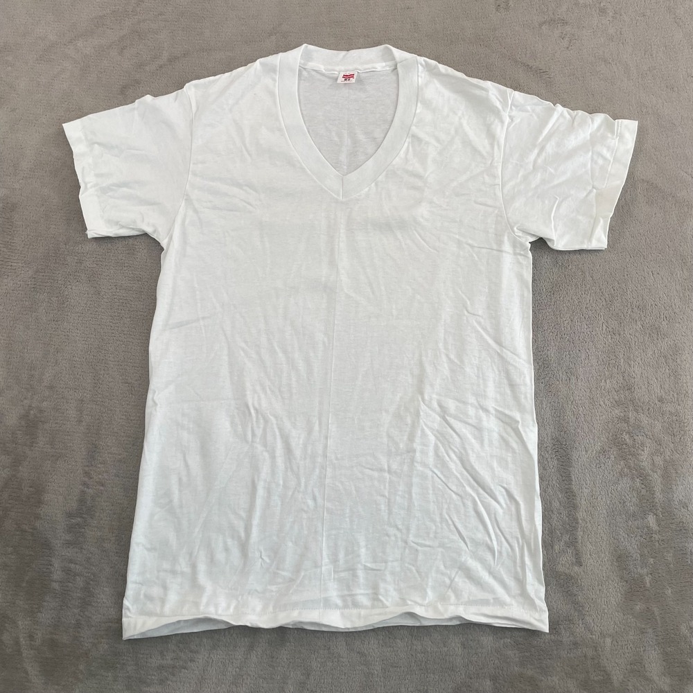 Vintage 70s Hanes V Neck T‎ Shirt Men Medium White Cotton Single Stitch USA NWOT